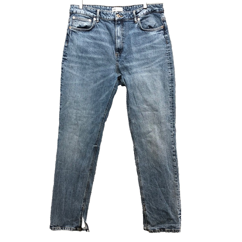 Zara Straight Leg Jeans Womens 14 Blue Denim High Rise Slit Ankle Classic